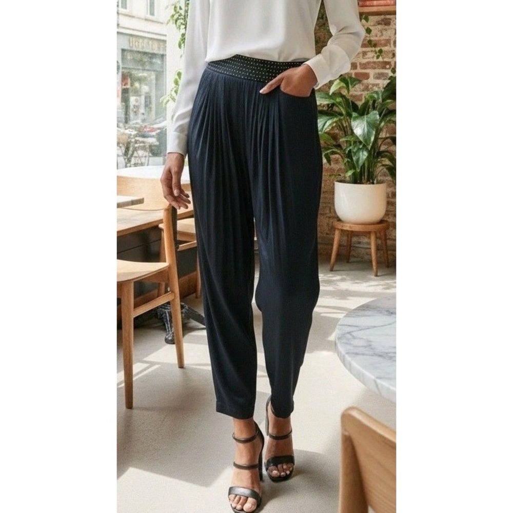 Christine David Trouser Pants Women's Size M Pleated Navy Blue High Waisted USA